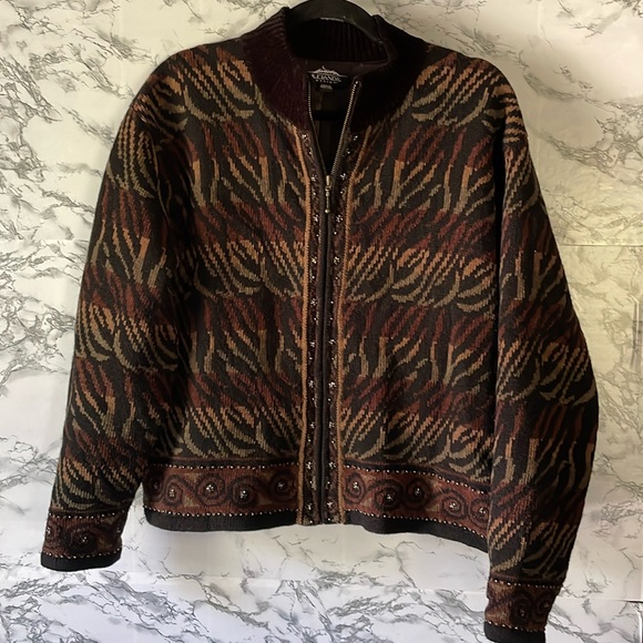 Icelandic Design Large Black/Olive/Brown print wool zip up sweater. - Picture 1 of 9